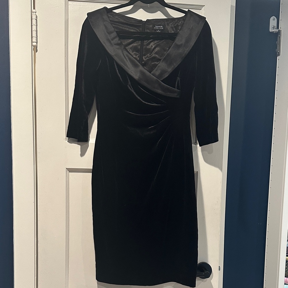 Tahari Elegant Black Velvet Asymmetrical Dress